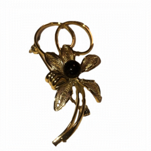 VTG Filigree & Onyx Stone Gold Tone Flower Brooch 2.5”